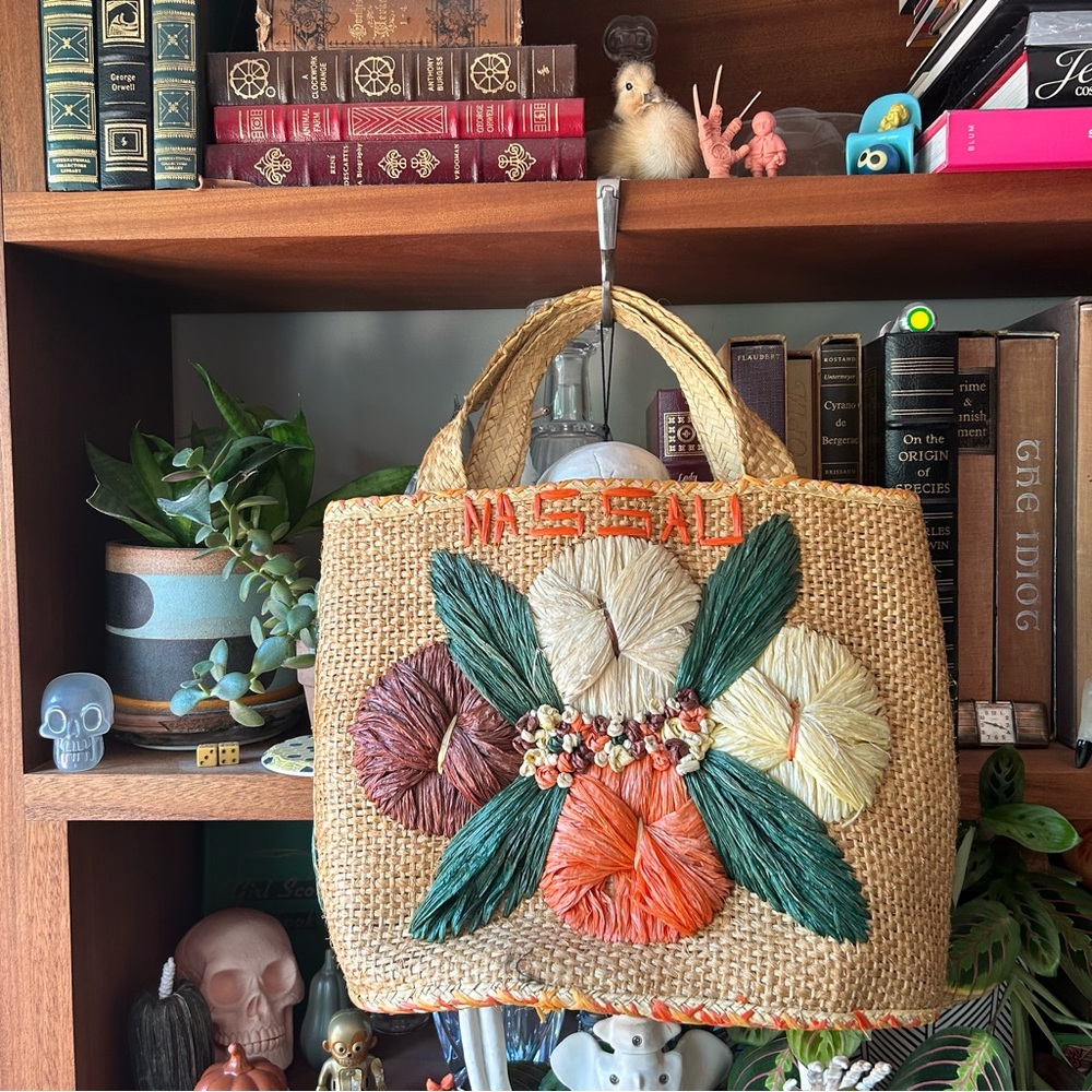 Vintage straw bag with floral design Nassau - Picture 3 of 12